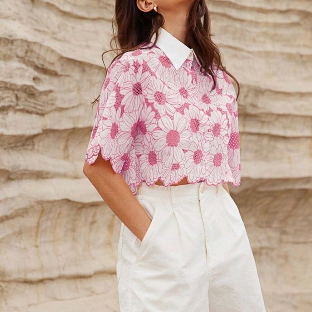 Pink Casual Women's Elegant Hollow-Out Embroidered Daisy Shirt Floral Print - Picture 2 of 6